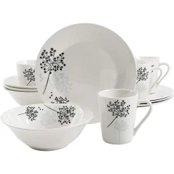 Gibson Netherwood 12 Piece Round Glaze Dinnerware Plates, Bowls, And Mugs, White