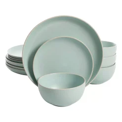 Gibson Living Gibson Rockaway 12 Piece Stoneware Dinnerware Set, Plates & Bowls, Matte Teal