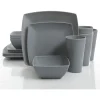 Gibson Living Gibson Home 16 Piece Square Melamine Dinnerware Set Plates, Bowls, & Cups, Grey