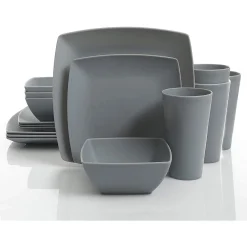 Gibson Living Gibson Home 16 Piece Square Melamine Dinnerware Set Plates, Bowls, & Cups, Grey