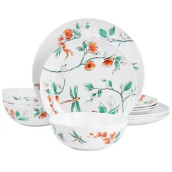 Martha Stewart Gibson Everyday 12 Piece Dragonfly Melamine Dinnerware Set In White