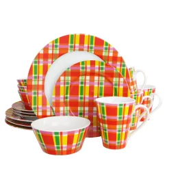 Oui By French Bull Multicolor Plaid 16 Piece Round Porcelain Dinnerware Set