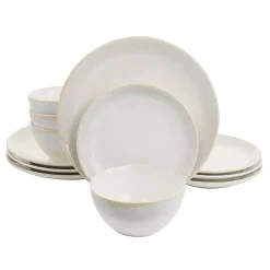 Martha Stewart 12 Piece Round Stoneware Dinnerware Set With Taupe Rim