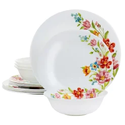 Gibson Ultra Blooming Rose 12 Piece Tempered Opal Glass Dinnerware Set