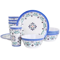 Gibson Everyday Alhambra Blues 12 Piece Melamine Dinnerware Set In Blue And White