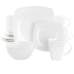 Gibson Elite Soho Lounge 16 Piece Square Fine Ceramic Dinnerware Set In White
