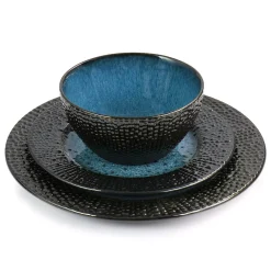 Elama Estevan 16 Piece Round Textured Stoneware Dinnerware Set In Charcoal And Blue -Mikasa Sales 5961169 ALT2