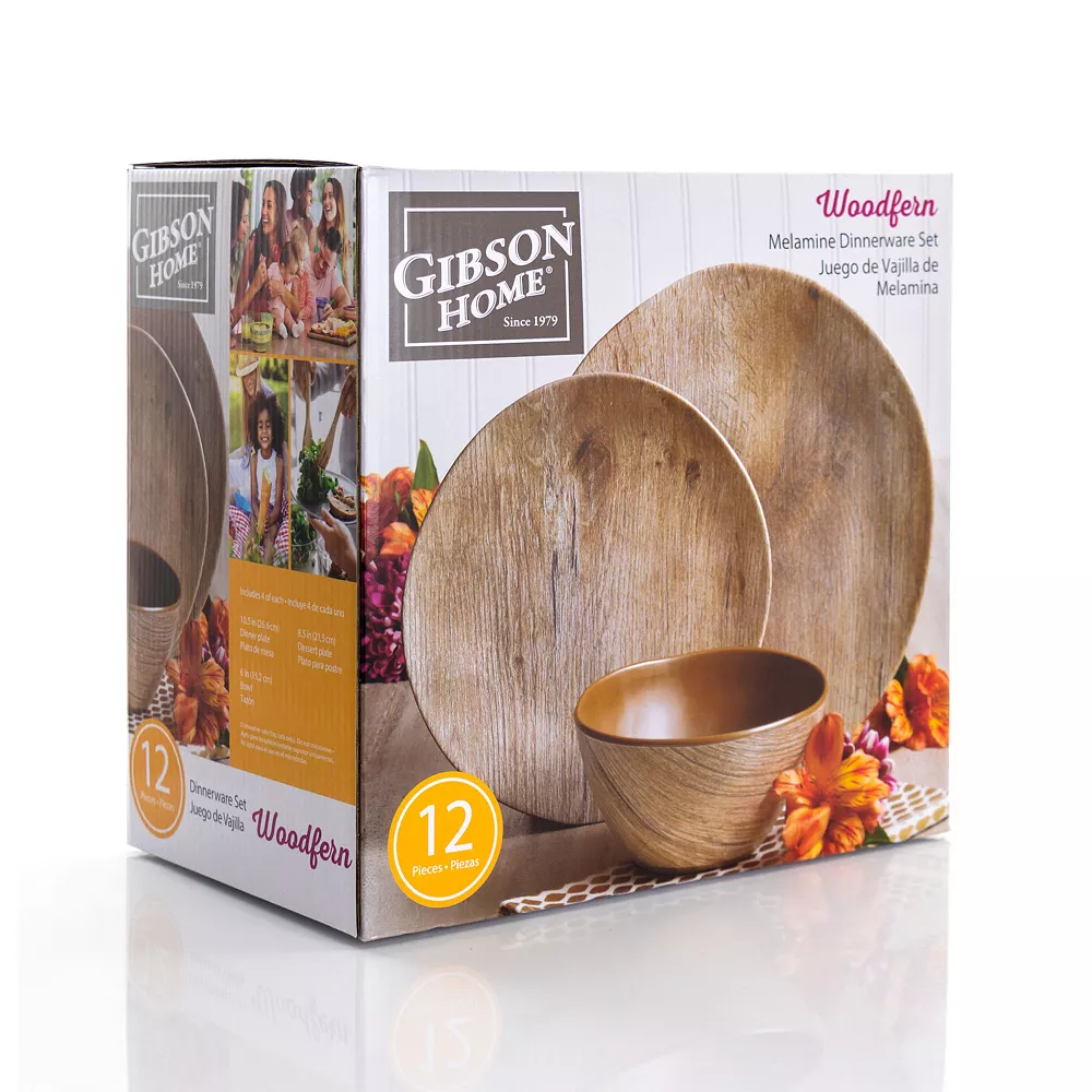 Gibson Home Woodfern 12 Piece Round Melamine Dinnerware Set In Brown 4 Gibson Home Woodfern 12 Piece Round Melamine Dinnerware Set In Brown - Image 4