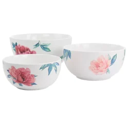 Gibson Home 3 Piece Fine Ceramic Floral Bowl Set In White