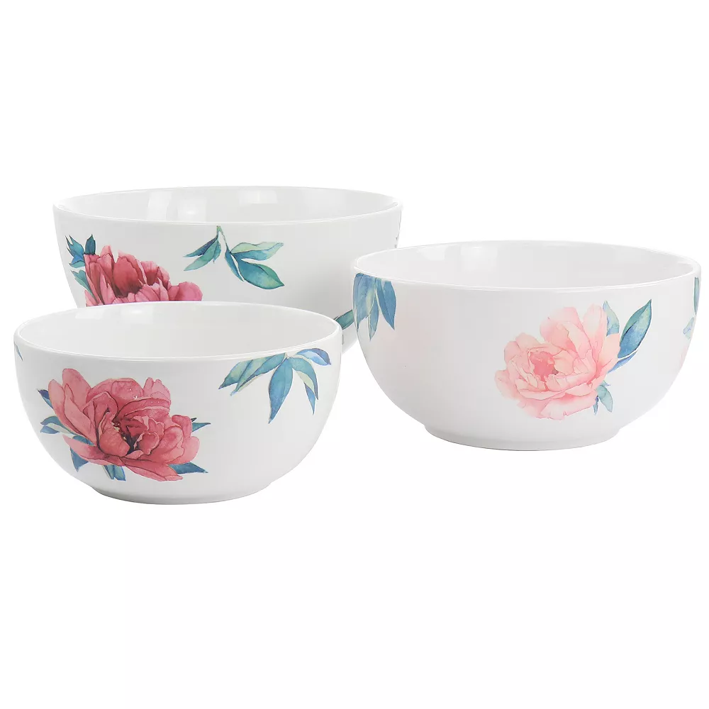 Gibson Home 3 Piece Fine Ceramic Floral Bowl Set In White 1 Gibson Home 3 Piece Fine Ceramic Floral Bowl Set In White
