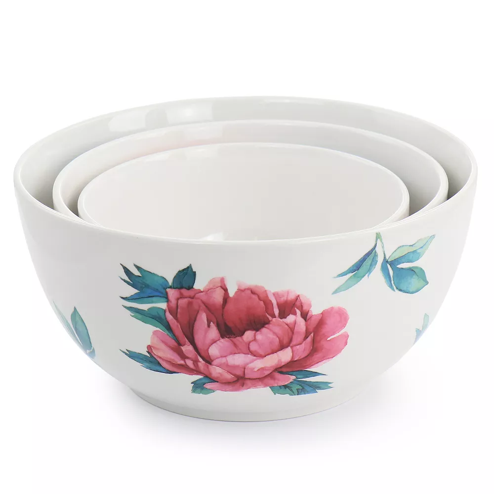 Gibson Home 3 Piece Fine Ceramic Floral Bowl Set In White 2 Gibson Home 3 Piece Fine Ceramic Floral Bowl Set In White - Image 2